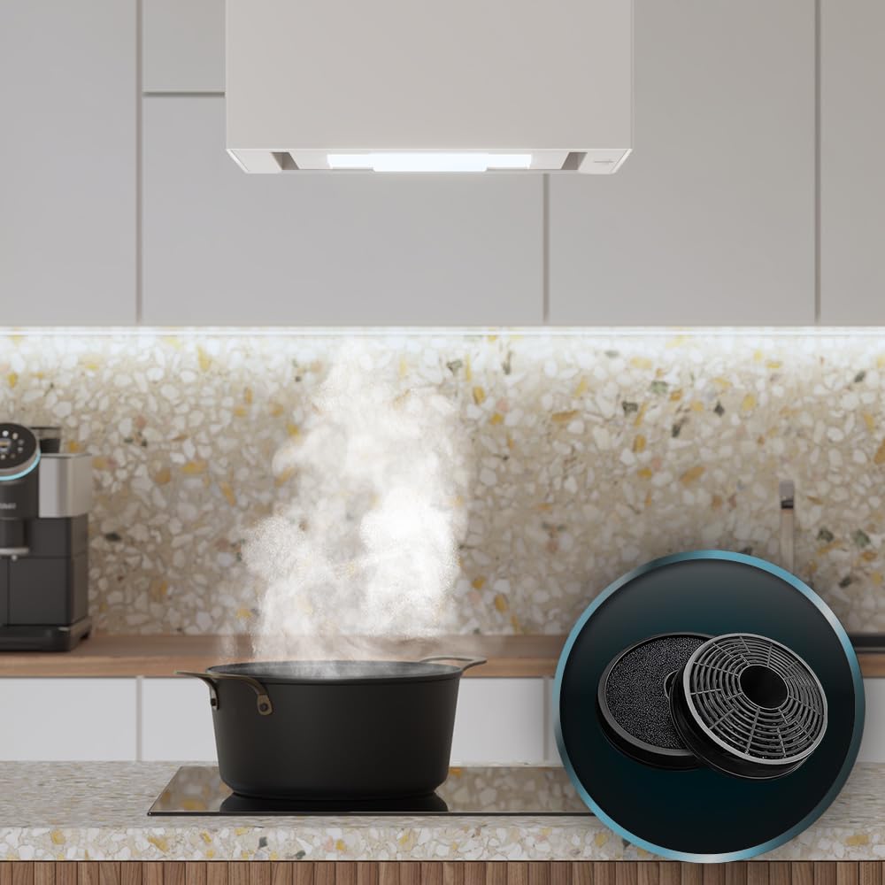 Cecotec Cappa Aspirante a Isola 44 cm, Cappa Cucina. Bolero Flux CCT 448000 Glass White A++ Cappa 44cm vetro bianco, Flusso d'Aria 800m3/h, 210W, A++, Slider, LED, Carbonio Ø176, alluminio 5 strati