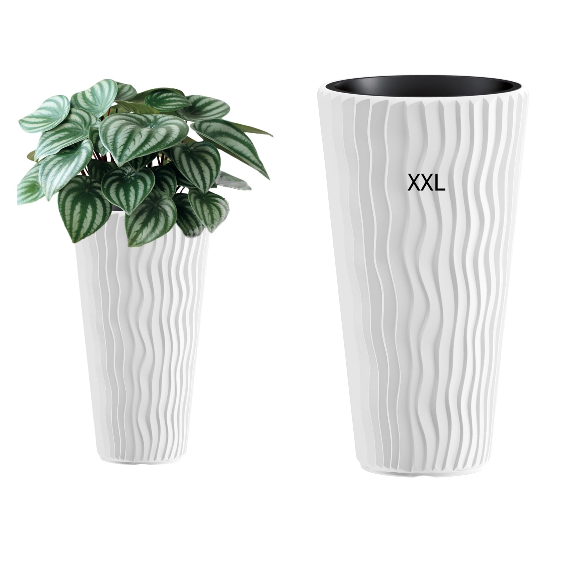 MELTOM Vaso da fiori con effetto ondulato verticale, inserto rimovibile, in plastica, per interni ed esterni protetti (bianco, XXL)