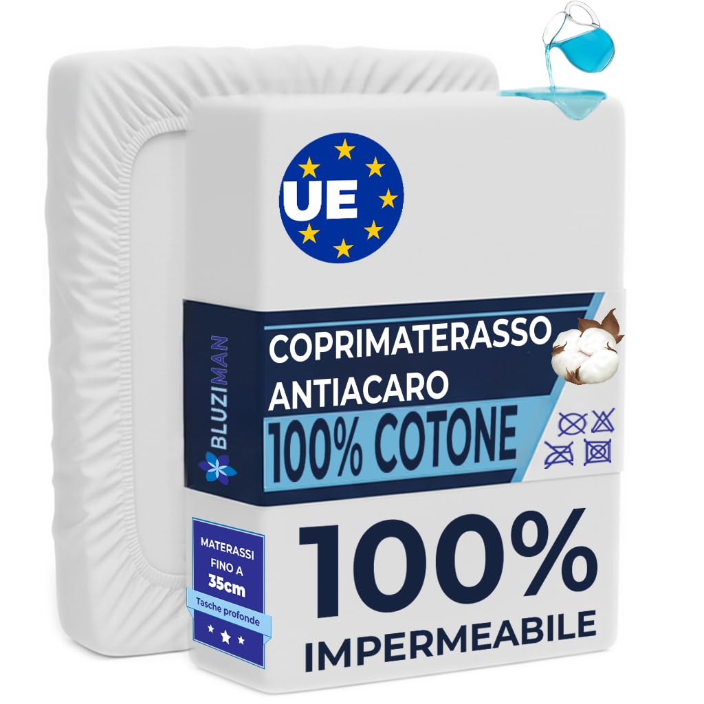 BLUZIMAN­® Coprimaterasso Matrimoniale Impermeabile 200x200, Altezza max. 35 cm, Fatto in Europa, Proteggi Materasso Cotone, Telo impermeabile, Copri Materasso Antiacaro (Letto 200x190/200)