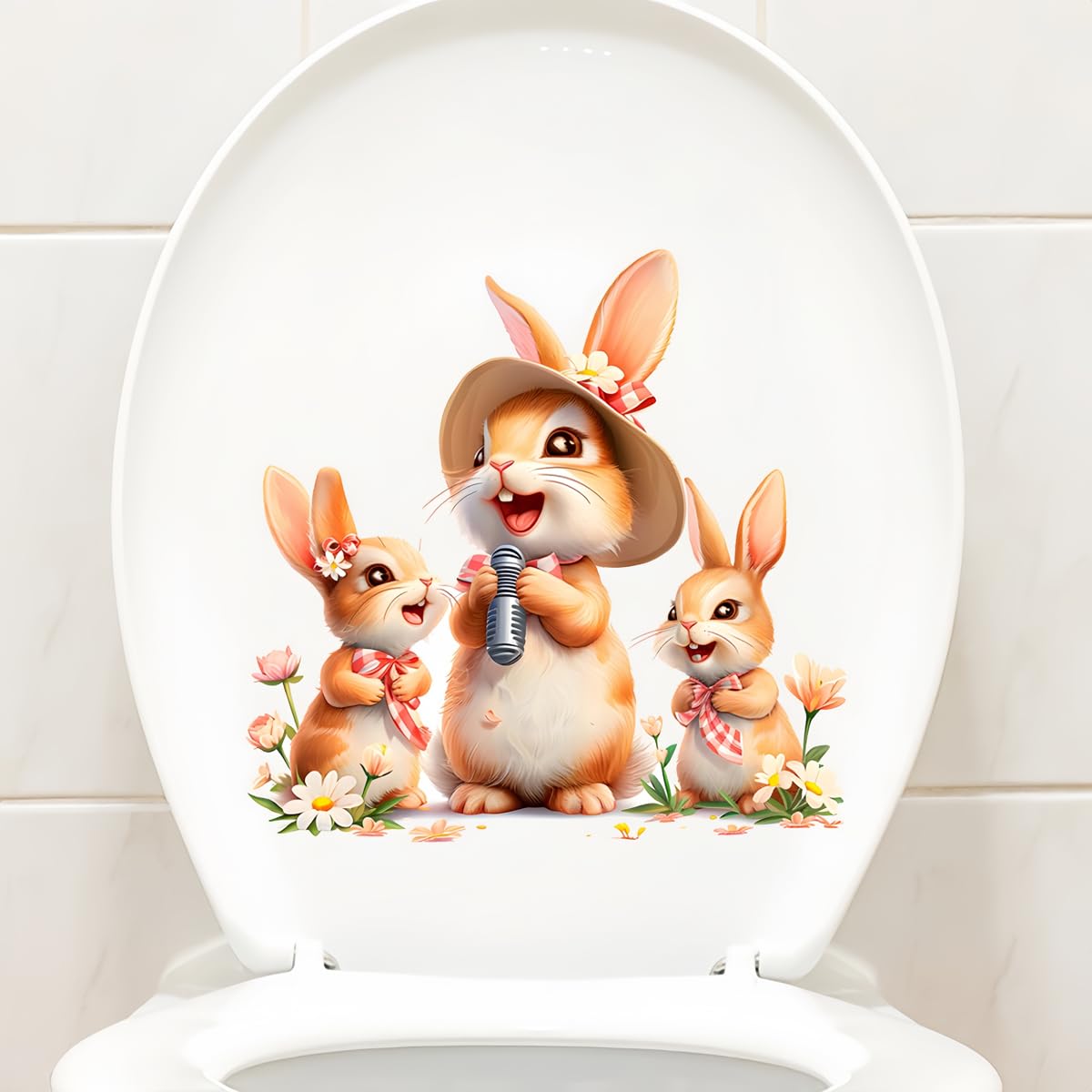Three Rabbits Toilet Cover Sticker Decals,Flower leaf bird Waterproof Toilet Lid Tank Seat Decals Cistern Self-Adhesive Bathroom Wall Sticker