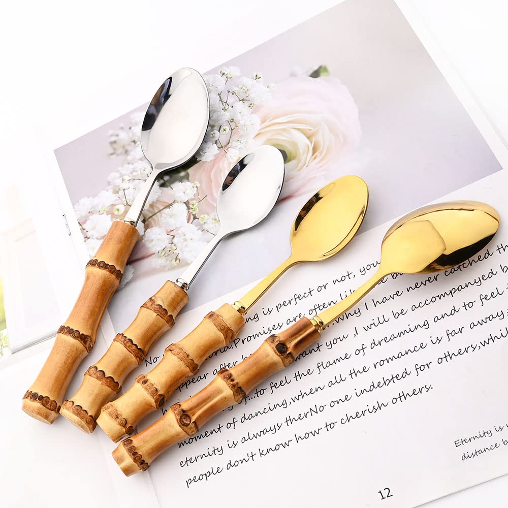 Ensemble de couverts en argenterie, 24 pièces, ensemble avec manche bambou pur, vaisselle, couteau, cuillère, fourchette, acier inoxydable, or