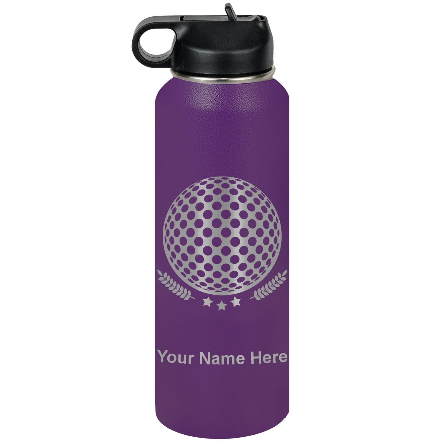 LaserGram Personalized Water Bottle, Golf Ball, Stainless Steel Double Wall Vacuum Insulated with Flip Top Straw, Custom Engraved Gift (40oz / 1180ml Dark Purple)
