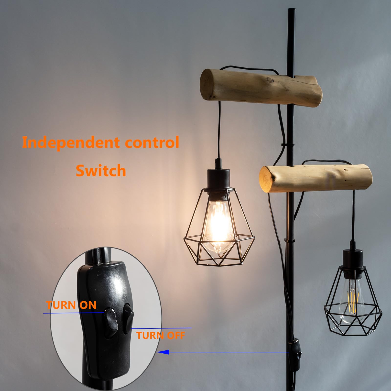 Industrielle Stehlampen 2-flammig E27 LED Glühbirne, Vintage rustikal Design mit Natür Holz und Schwarzem Metall, für Wohnzimmer esszimmer flur