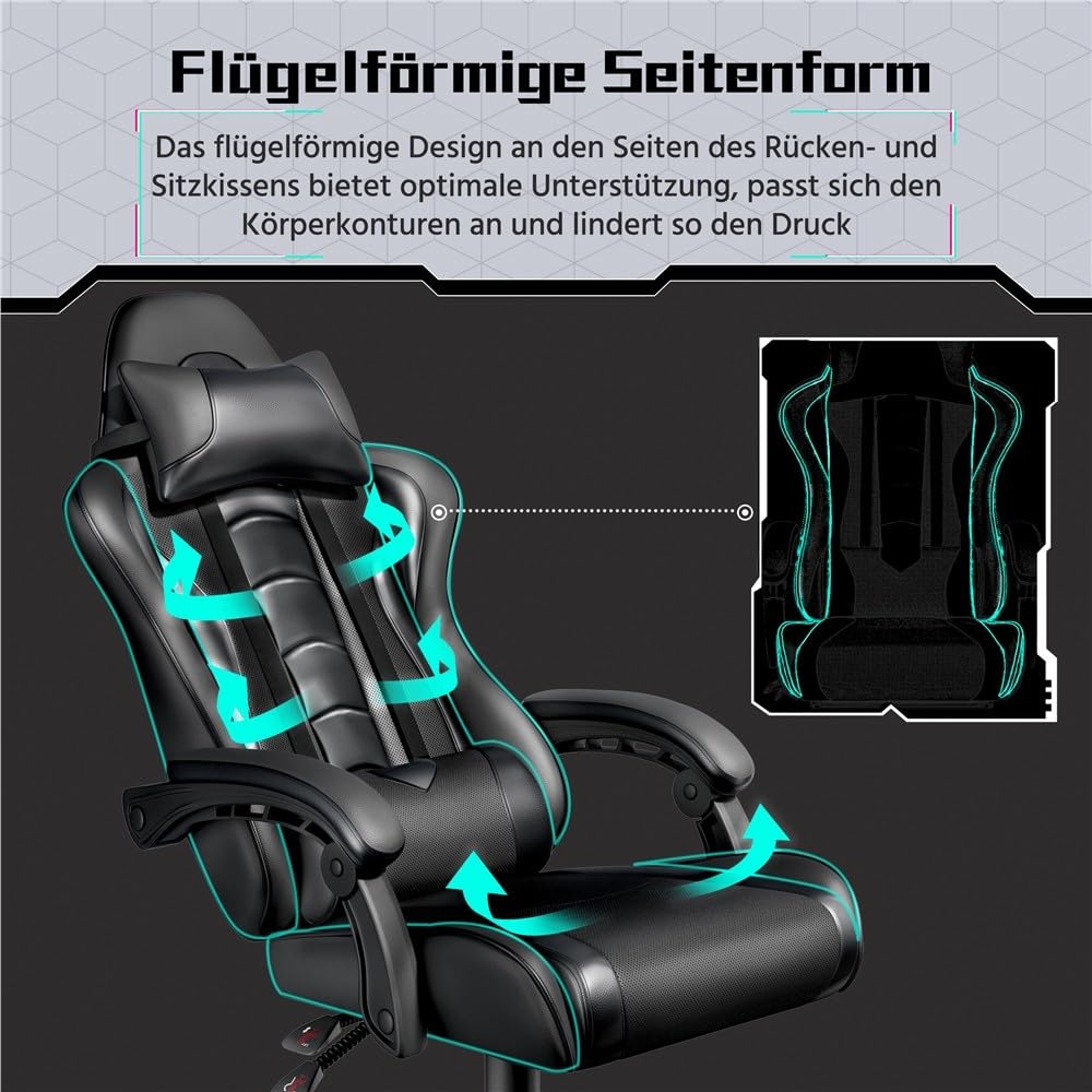 Yaheetech Gaming-Stuhl Ergonomischer Gaming Sessel mit Massagefunktion Computerstuhl Bürostuhl mit Wippfunktion von 125° verstellbar Gamer Stuhl für für Homeoffice und Gaming Schwarz – Bild 7