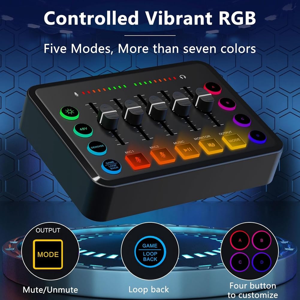 Mixer audio per gaming, mixer per PC streaming RGB con interfaccia microfono XLR, controllo volume, alimentazione phantom da 48 V per podcast