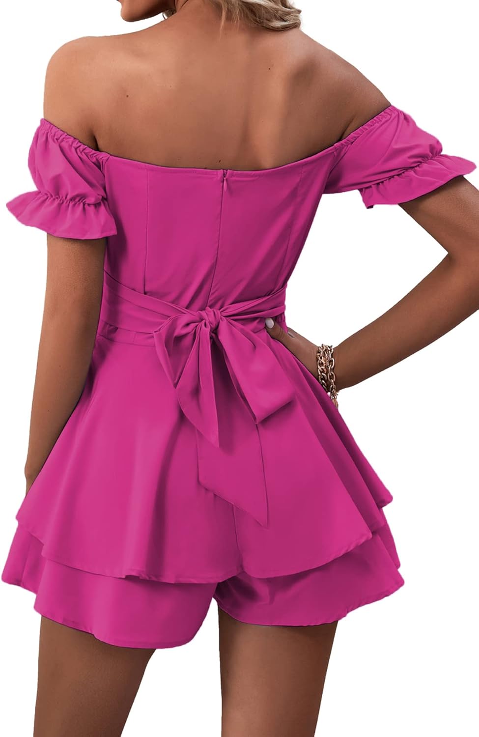 LYANER Women's Off Shoulder Wrap Tie Up Back Ruffle Short Sleeve Romper Short Jumpsuit - Image 2