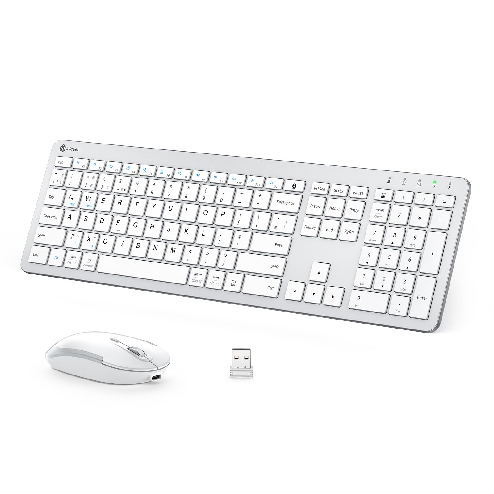 Wireless Keyboard and Mouse Set, iClever Keyboard and Mouse Rechargeable Full Size with Numeric Keypad, Energy Saving 2.4G USB Ultra Slim Silent Wireless for Mac OS/Windows/Computer/Laptop
