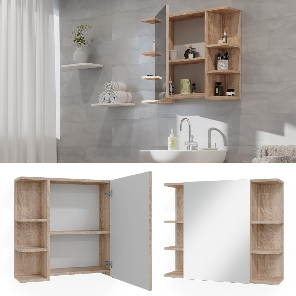 Vicco Armoire de Toilette Fynn, Sonoma, 79.6x64cm | avec miroir et étagères ouvertes pour montage mural