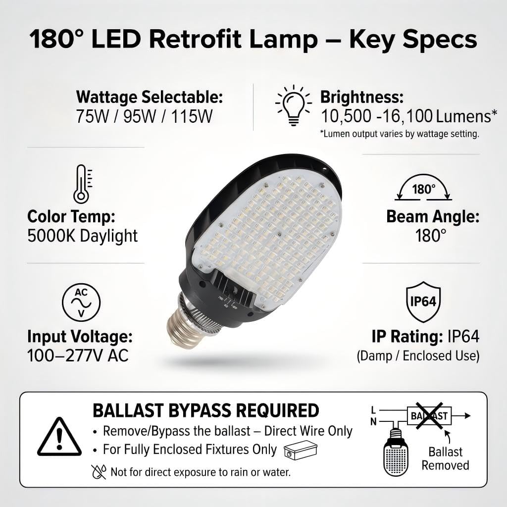 LED Shoebox Retrofit Lamp, 75/95/115W Selectable, 5000K, Rotatable E39 Base image 3