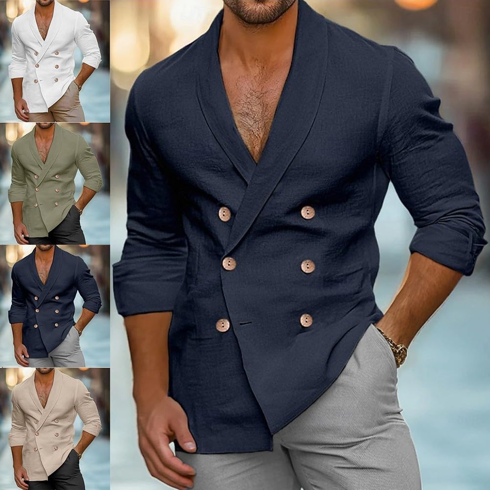 Camicia da uomo alla moda con scollo a V con design a doppio petto per giornate casual (2XL blu scuro)