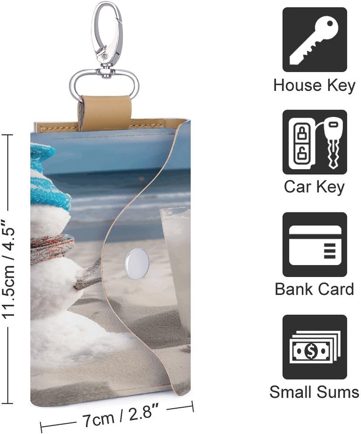 Snowman Bech Key Case Leather Car Key Chain Card Holder Wallet Pouch Keys Money Organizer Case Snap Closure image 2
