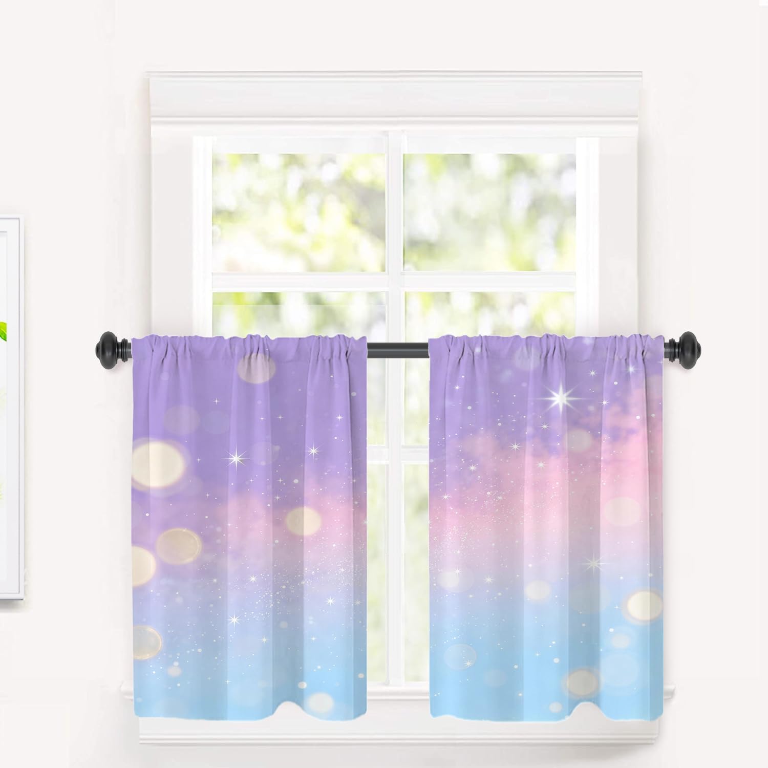 Galaxy Fantasy Pastel Cafe Curtains 36 Inch Length, Rainbow Unicorn Glitter Stars Blackout Tier Curtain Multilayer Polyester Short Kitchen Drapes 2 Pack 36X26 Inches