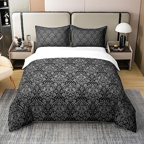 Homewish Housse de Couette 220x240 Adulte Coton, Parure de Lit Noir Gris pour Femmes Hommes, Ensemble de Literie Damassé Baroque avec Fleurs Victoriennes,...