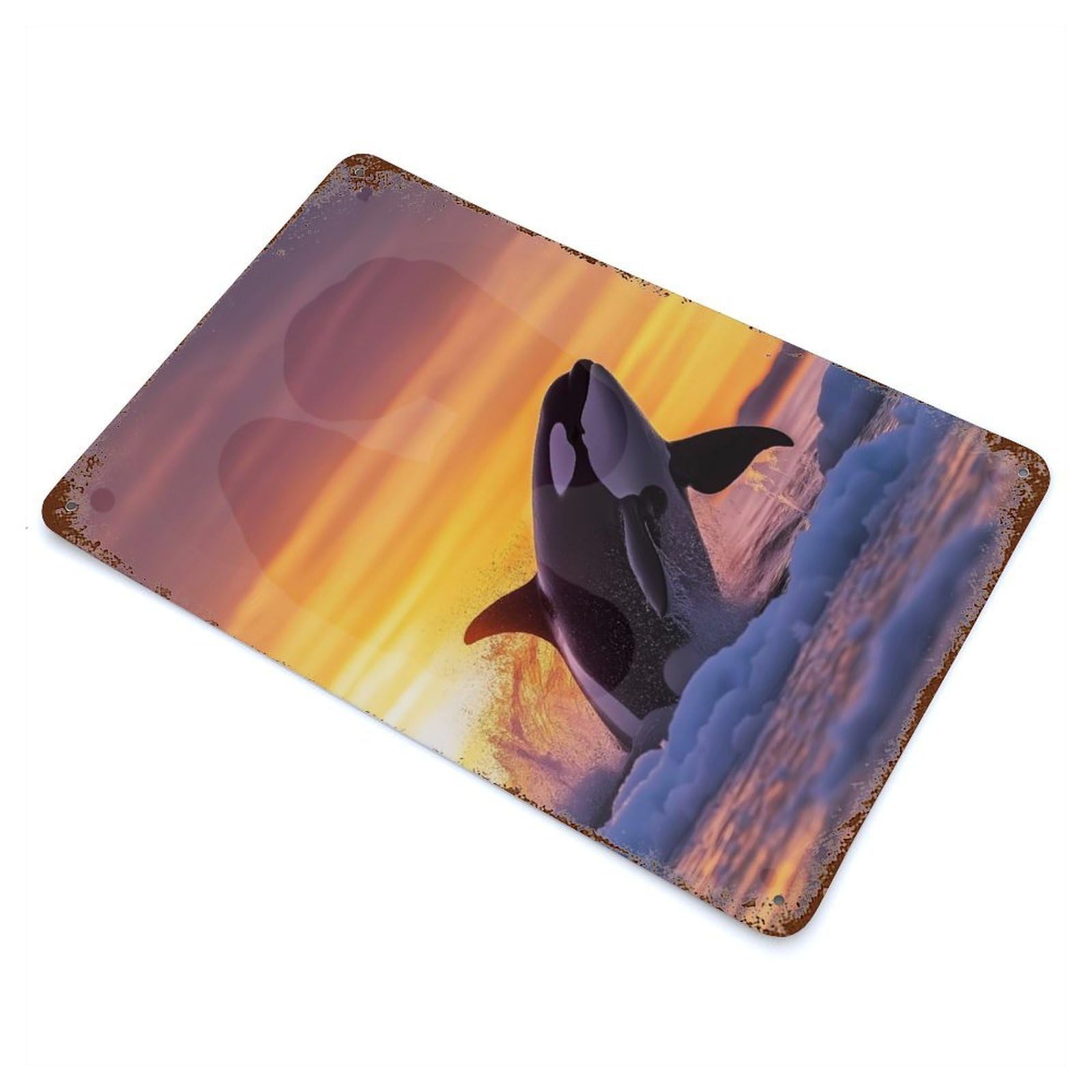 Vintage Rust Metal Sign with Orca Leaping Sunset in Icy Waters Design 11.8"x7.9", for Patio, Garden Room And Bar Decor, Old School Wall Decor