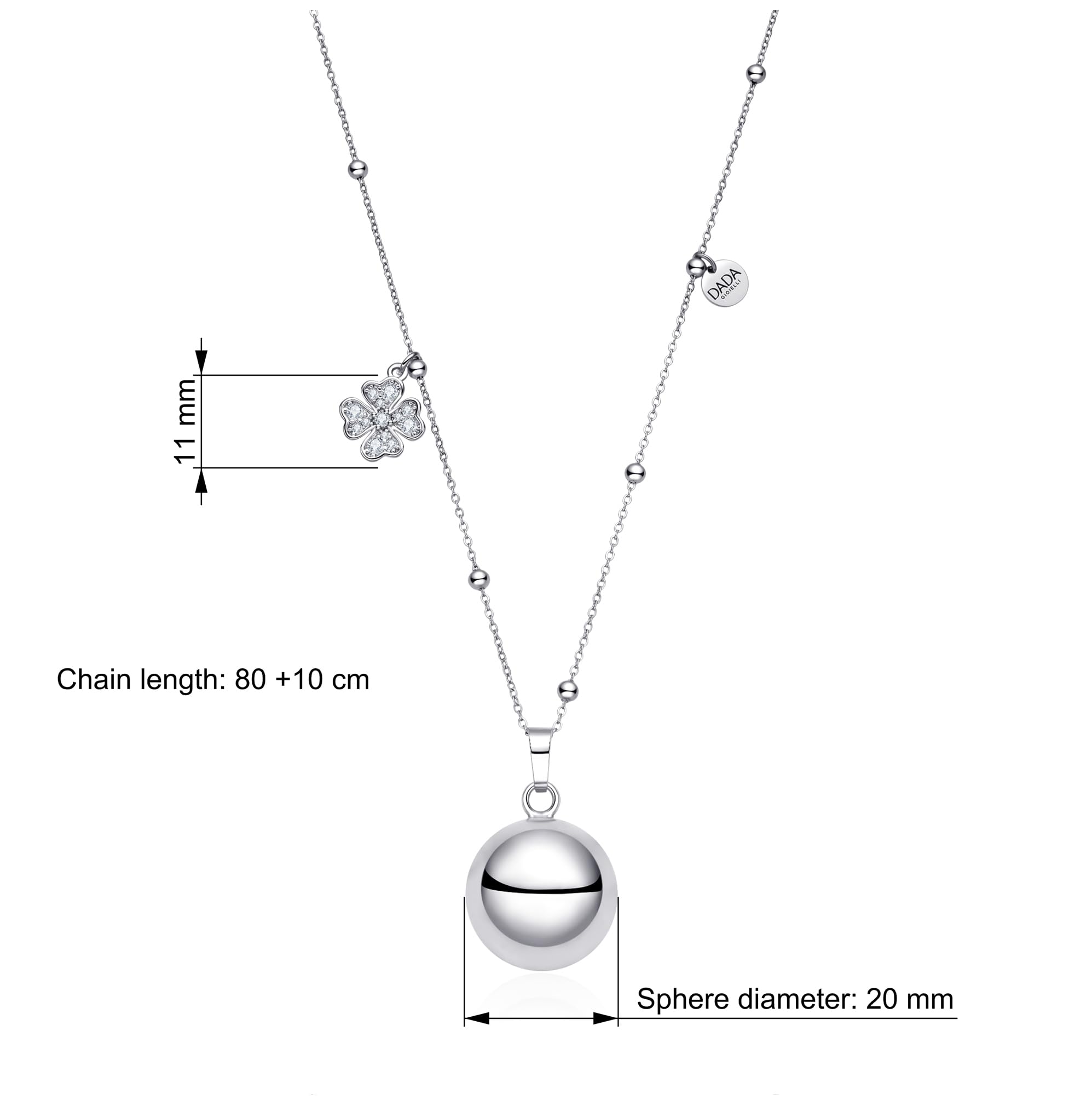 Dada Gioielli - Collana Chiama Angeli Gravidanza – Gioiello Sonoro per Mamme in Attesa - Piedino Bebè, Quadrifoglio, Cuore, Orsetto, Ciuccio, Zirconi. 110 cm Acciaio Anallergico