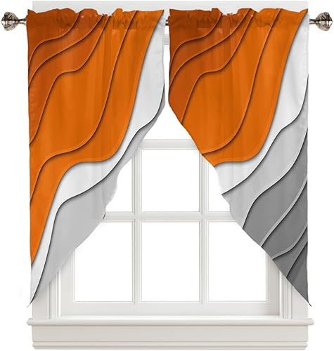BEMIGO Cenefas con festón para ventanas, color naranja y gris degradado, con bolsillo para barra, cortinas de ventana de cocina y granja, color