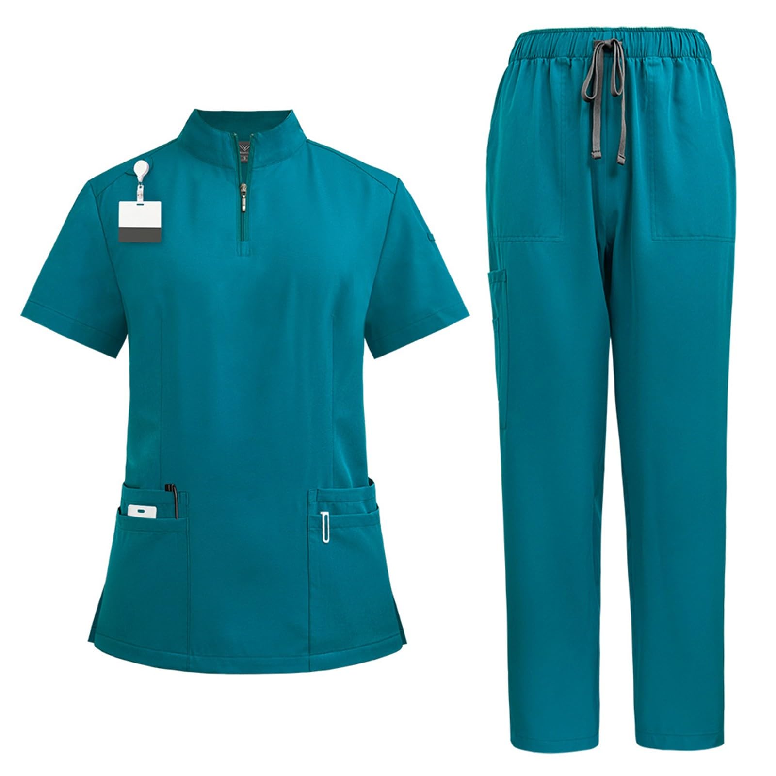 Scrubs Uniforms Women Set, Female Medical Uniforms & Scrubs Durable Short Sleeve V Neck Tunic Top and Pants with Pockets, Beauty Tunics for Women UK Nursing Workwear Suits for Beauty Center