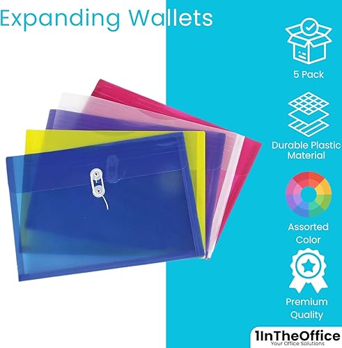 Miniatura 2 de 1InTheOffice Sobres de polietileno con botón y cierre de cuerda, cartera expandible, tamaño legal, colores surtidos, paquete de 5
