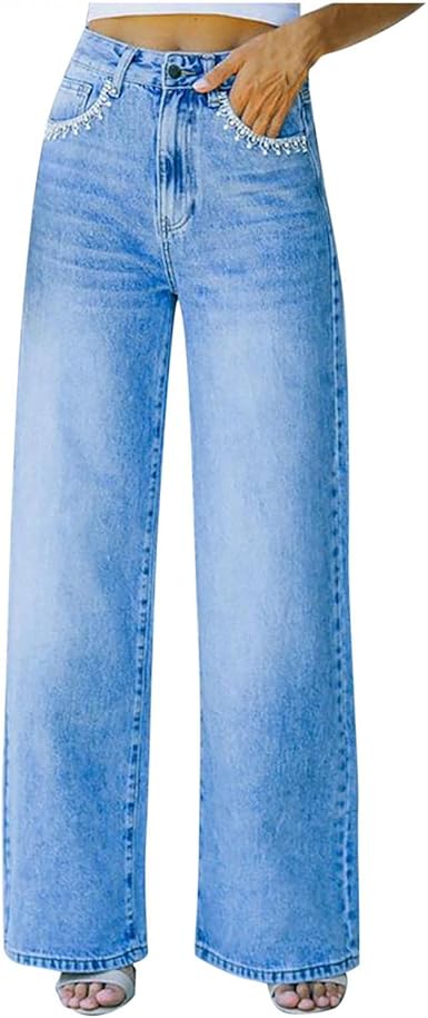 Amazon.com: Jeans para mujer, cintura alta, pierna ancha, pantalones de  mezclilla con bolsillo de pétalos, pantalones de mezclilla holgados  casuales : Ropa, Zapatos y Joyería