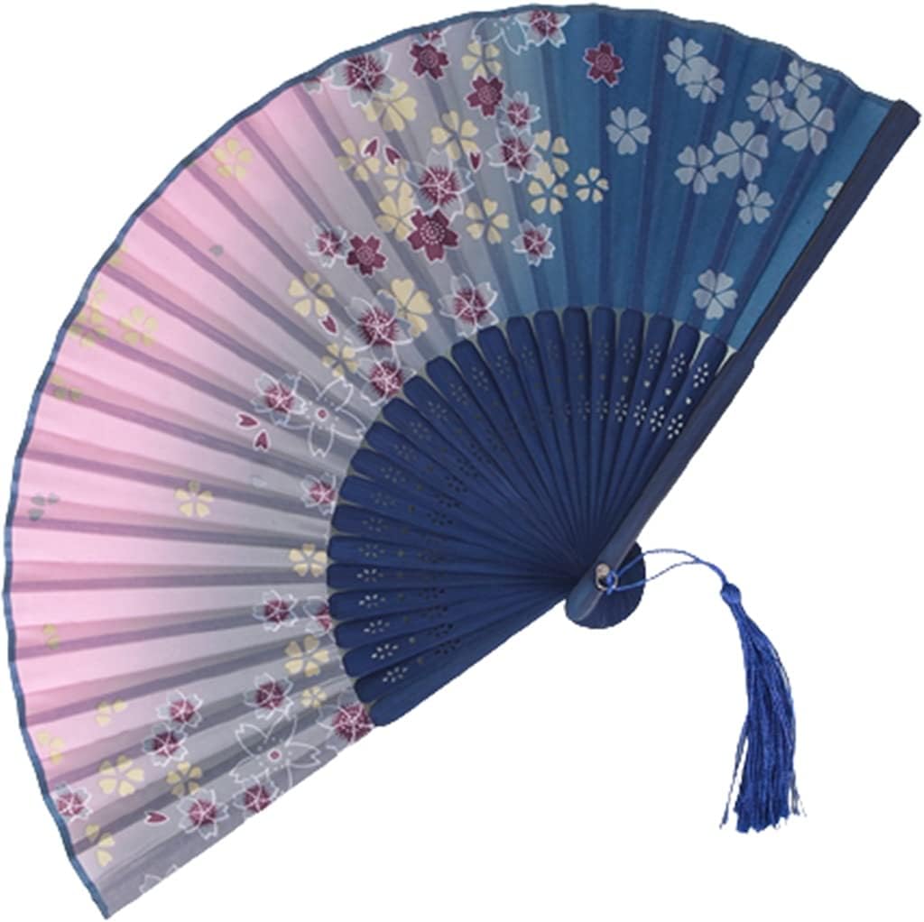 Folding Fans for Parties Elegant Blue Printed Ladies Hand Fan Church Wedding Fan is Decorated with Tassels (Color : Blue-D Size : 38cm4) (Blue i)