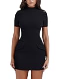 Women's Short Sleeve Mock Turtle Neck Bodycon Mini Tank Short Party Dress