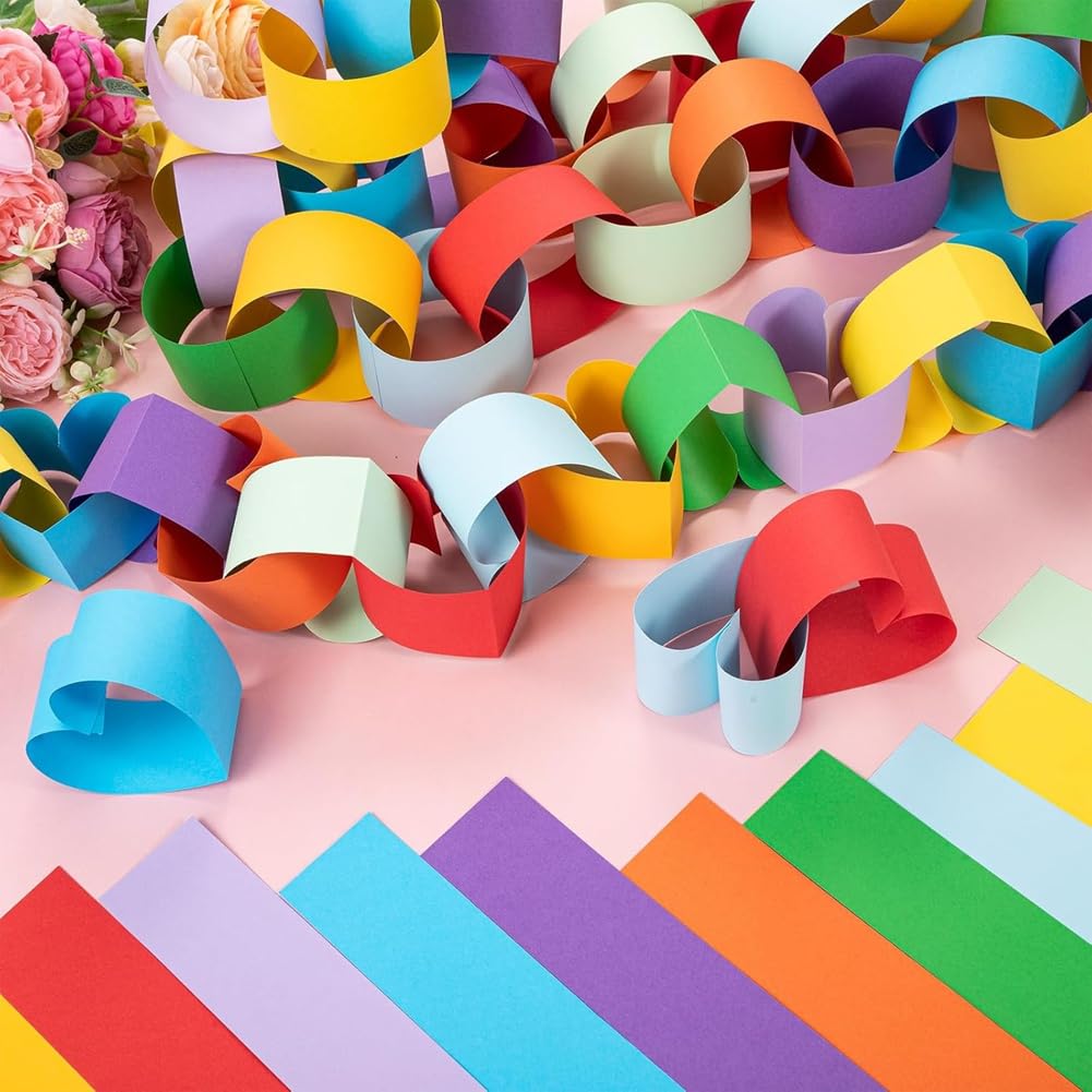 1000 Tiras de Guirnalda de Papel, Cadena de Papel para Manualidades de Construcción DIY para Decoración de Fiestas Navideñas en el Aula y el Hogar con Cinta Adhesiva