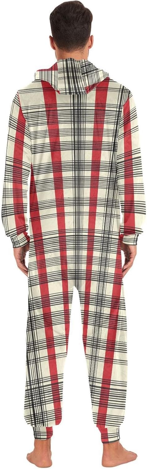 ZZKKO Christmas Red Stripe Adult Onesie Pajamas for Women Men Cozy One Piece Pajamas Costume Zip-Up Hooded S-XL