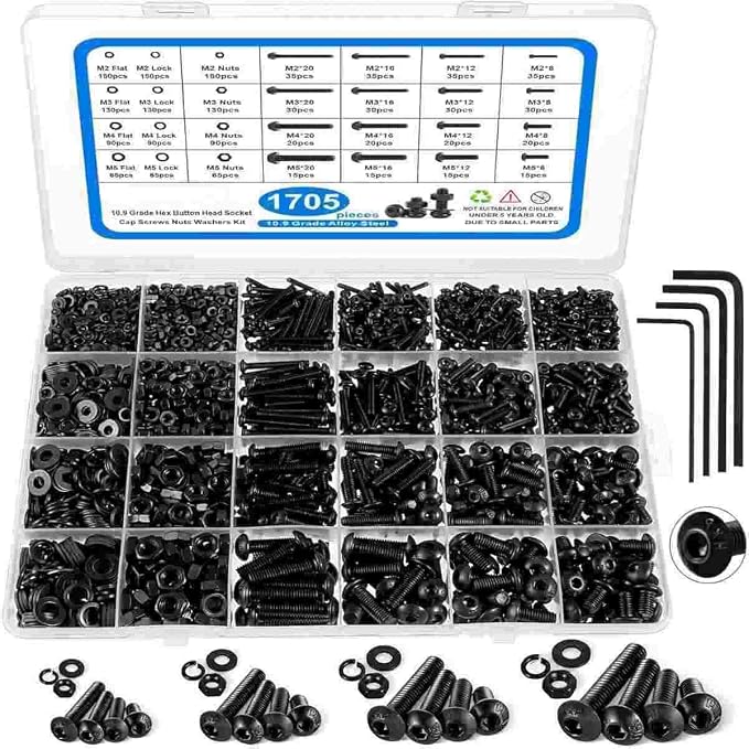 Hex Button Head Machine Screw Assortment Kit M2-M5 1705Pcs Grade 10.9 Alloy Steel