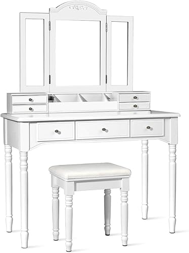 CHARMAID Mesa de Tocador Grande para Maquillaje, Escritorio de Tocador de 41.5" de Ancho, Espejo de Tres Pliegues con 8 Ganchos para Collares en la