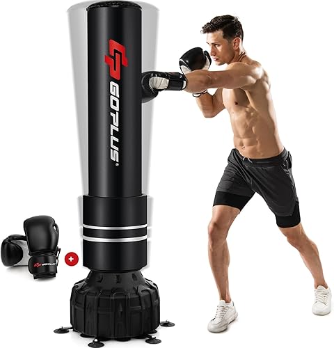 Goplus Saco de boxeo independiente, bolsa de boxeo pesada de 71 pulgadas con 25 ventosas, guantes de boxeo, base de relleno, bolsa de kickboxing con