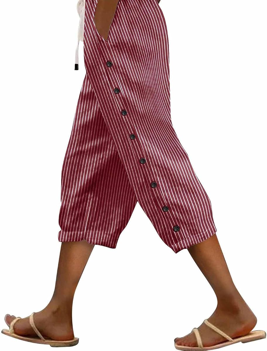 Capri Linen Pants Women Casual Summer Drawstring Elastic High Waist Lightweight Pant Straight Wide Leg Cropped