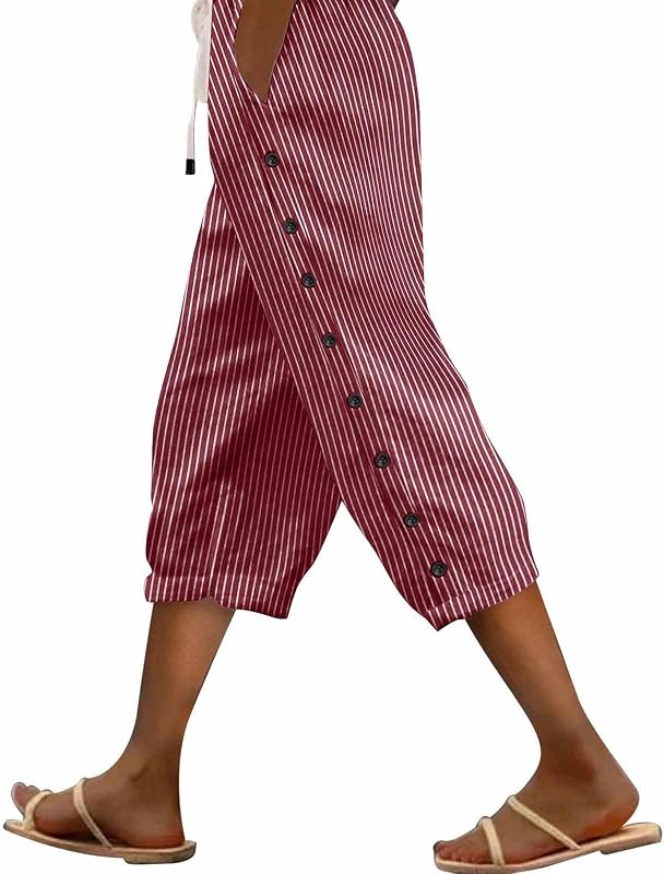 Capri Linen Pants Women Casual Summer Drawstring Elastic High Waist Lightweight Pant Straight Wide Leg Cropped