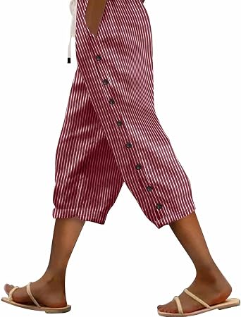 Lightweight Summer Pants Women Casual Side Button Striped Elastic Waist Flowy Bohemian Trousers with Pockets