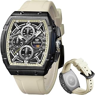 OLEVS Men Watches Business Dress Chronograph Big Square Quartz Analog Male Watch Silicone Strap Waterproof Date Gift Mens Wrsit Watch Silver