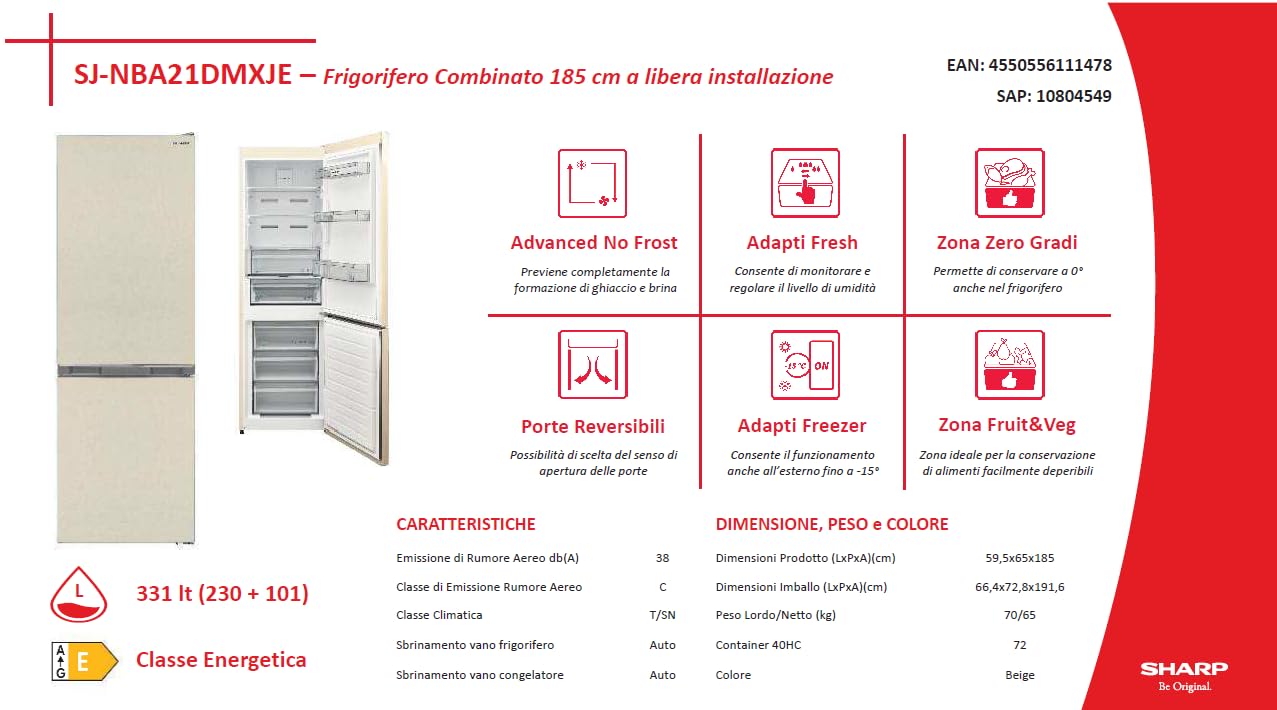 Sharp SJ-NBA21DMXJE - Frigorifero combinato, 331 Litri, Inverter, Classe E, No Frost, Beige
