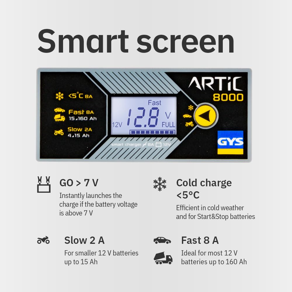 GYS - Artic 8000 – Chargeur de Batterie Inverter – (12V) 2/8 A – Idéal Voitures Citadines, Motos, Jet-Skis et Véhicules de Collection – Livré avec Pinces et Cosses de Connexion