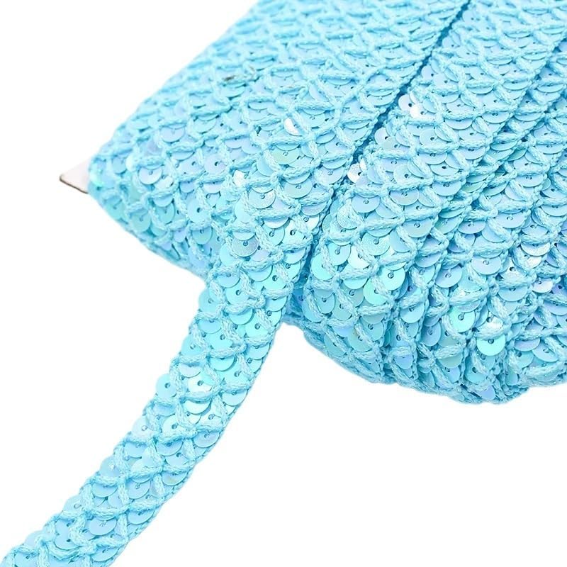25 Yards Elastic Sequin Ribbon 0.86 Inch Wide Flat Paillette Trim Stretch Bling Paillette Ribbon Metallic Fabric for Dress Headband Sewing Craft(LightBlue)