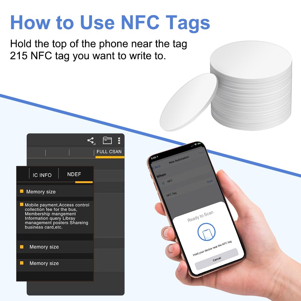 OFFCUP Karty NFC, 50 sztuk programowalnych etykiet NFC 215 Kompatybilny z TagMo i Amiibo, tagi NFC ze wszystkimi telefonami i urządzeniami obsługującymi NFC, zawiera 1 pudełko (białe)