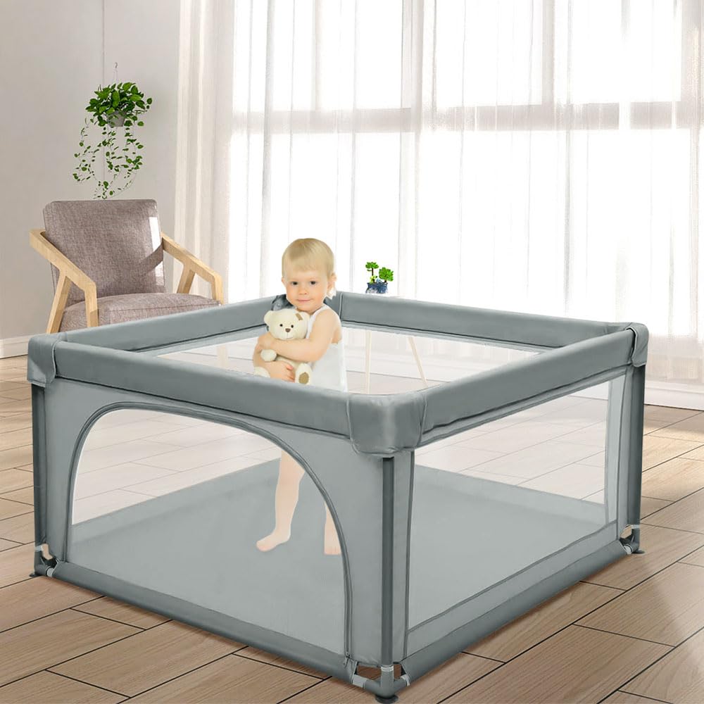 Playpen Plegable para Bebés y Niños - Gran Patio de Juego con Puerta, Portátil para Interior y Exterior - 120*120*66 cm - Gris Oscuro
