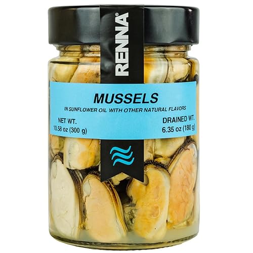 Renna, Mejillones suculentos en aceite de girasol, producto de Italia, 10.58 oz, experimenta el sabor de los mariscos mediterráneos