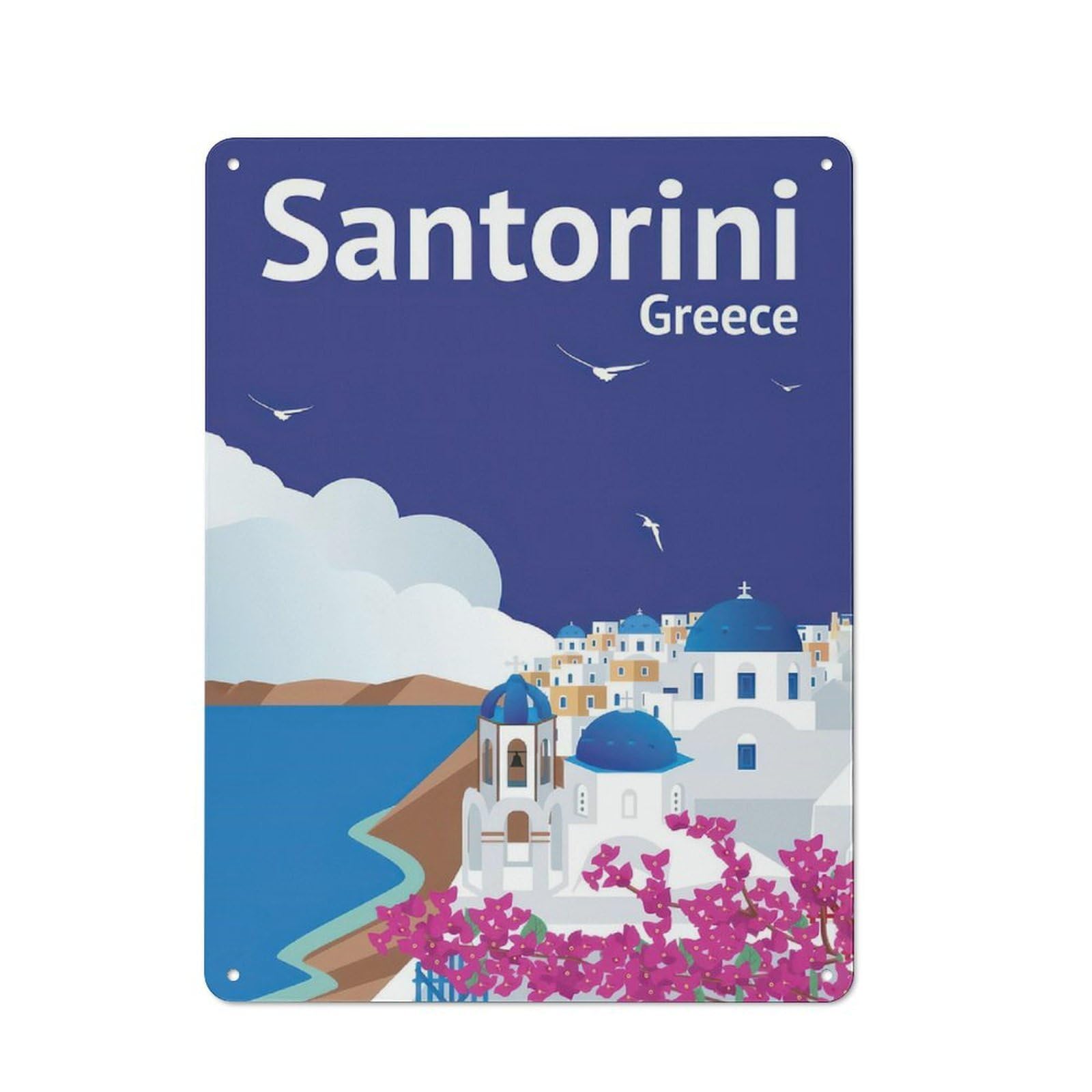 Tin Wall Plaque 40x30cm with Santorini Travel Poster for Workshop Wall, Housewarming Wall Decor for People Furnishing Workshop