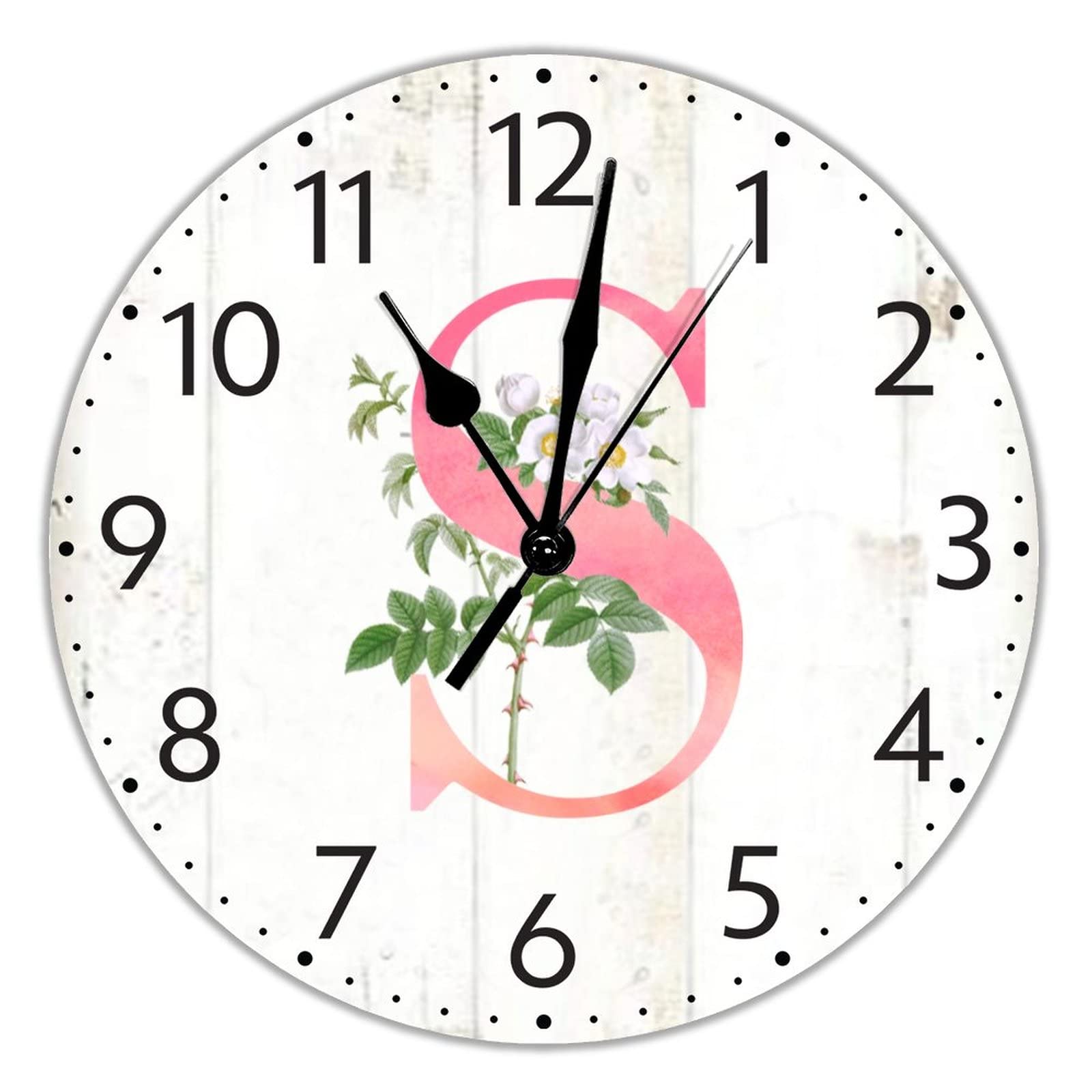 Horloge murale monogramme S rose 38cm silencieuse à piles pour une cuisine ou salon rustique