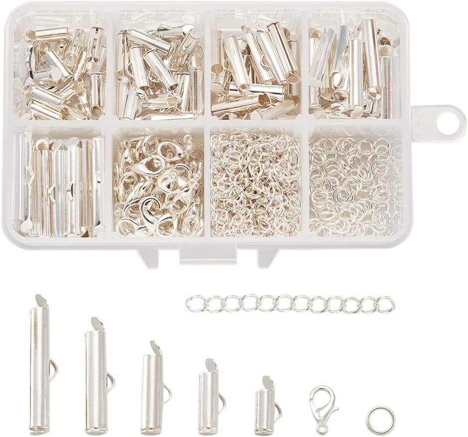 Beadthoven 1Box 5Sizes Silver Brass Slide On End Clasps with Alloy Lobster Claw Clasps & Iron Twist Extender Chains Jump Rings Tube Crimp Cord Ends Finding for Jewelry Making 10mm/13mm/16mm/20mm/25mm