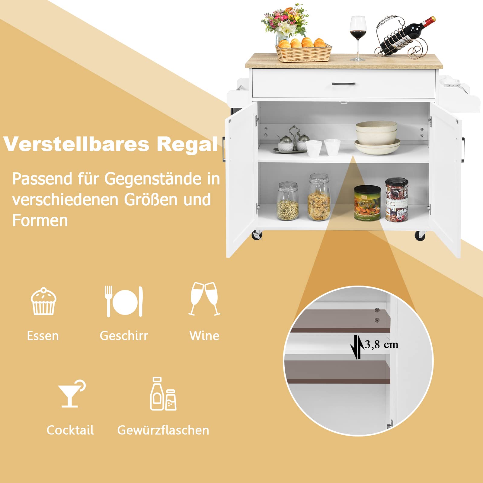 GOPLUS Carro de servir con cajón y armario, carrito de cocina enrollable con divisores ajustables, 2 ruedas con freno, de madera, estilo rústico, para cocina, restaurante (blanco)