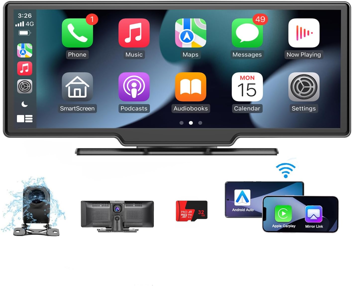 Pantalla portátil Apple Carplay para automóvil y Android Auto, pantalla táctil de 10.26 pulgadas, estéreo portátil para automóvil, cámara de tablero