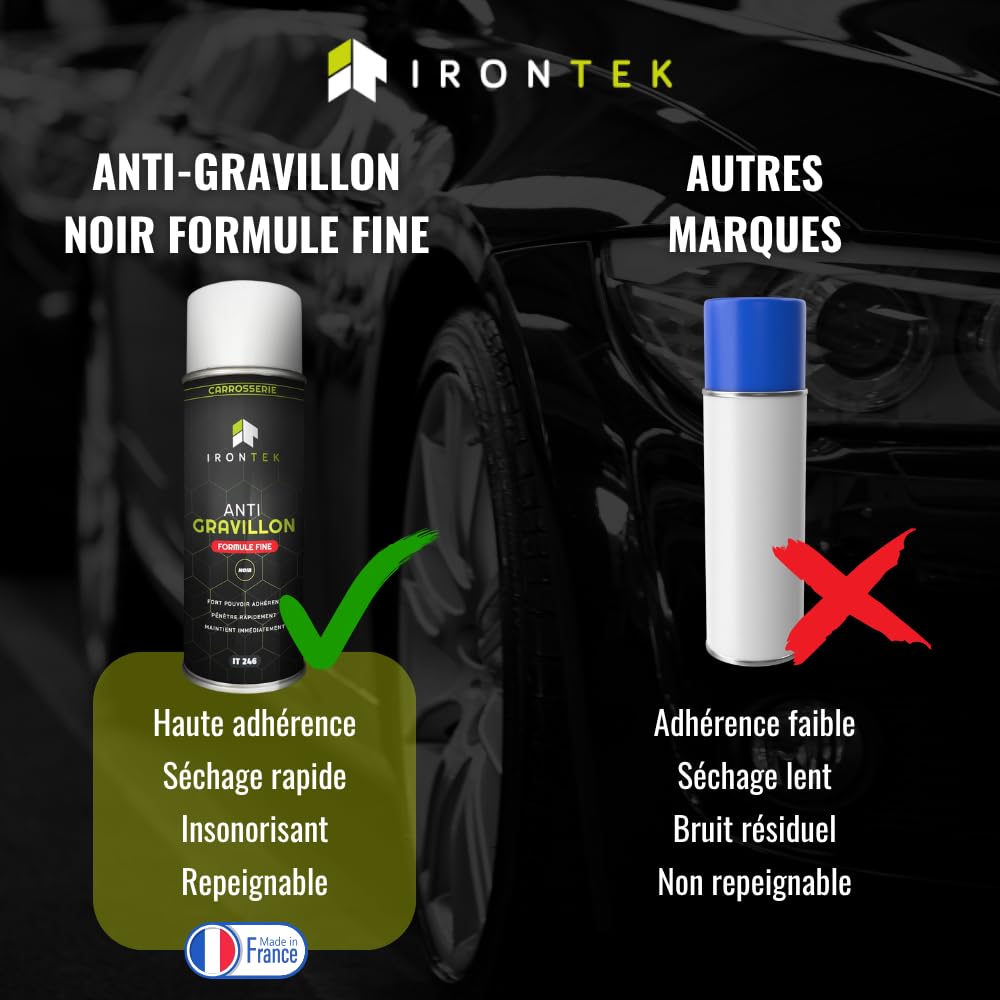 Anti-Gravillon Noir Protection Bas de Caisse 400ml - IRONTEK | IT246 | Fort Pouvoir adhérent | Formule Fine Pro | Anti-Corrosion & Insonorisant | Peut être Peint | Made in France (Formule Fine)