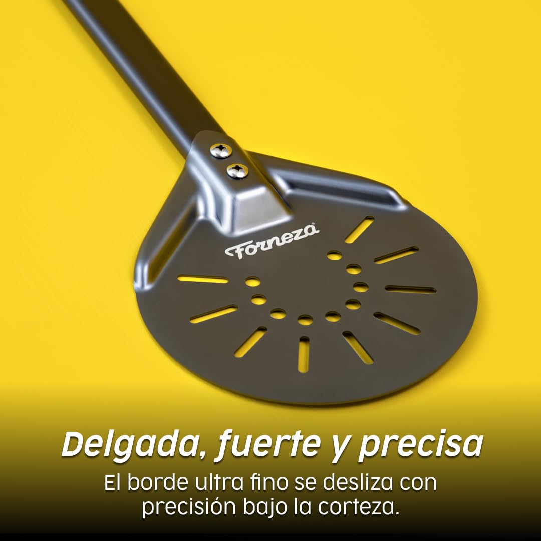 Pala perforada para pizza, diámetro de 17,8 cm, pala para pizza, espátula de aluminio con mango largo, bandeja para pizza casera, pan