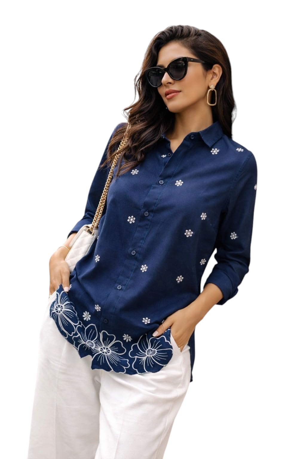 vinchic Women’s Cotton Embroidered Shirt Blue | Floral Embroidery Casual Wear Shirt for Women | Soft Cotton Stylish Top 6-picture-18
