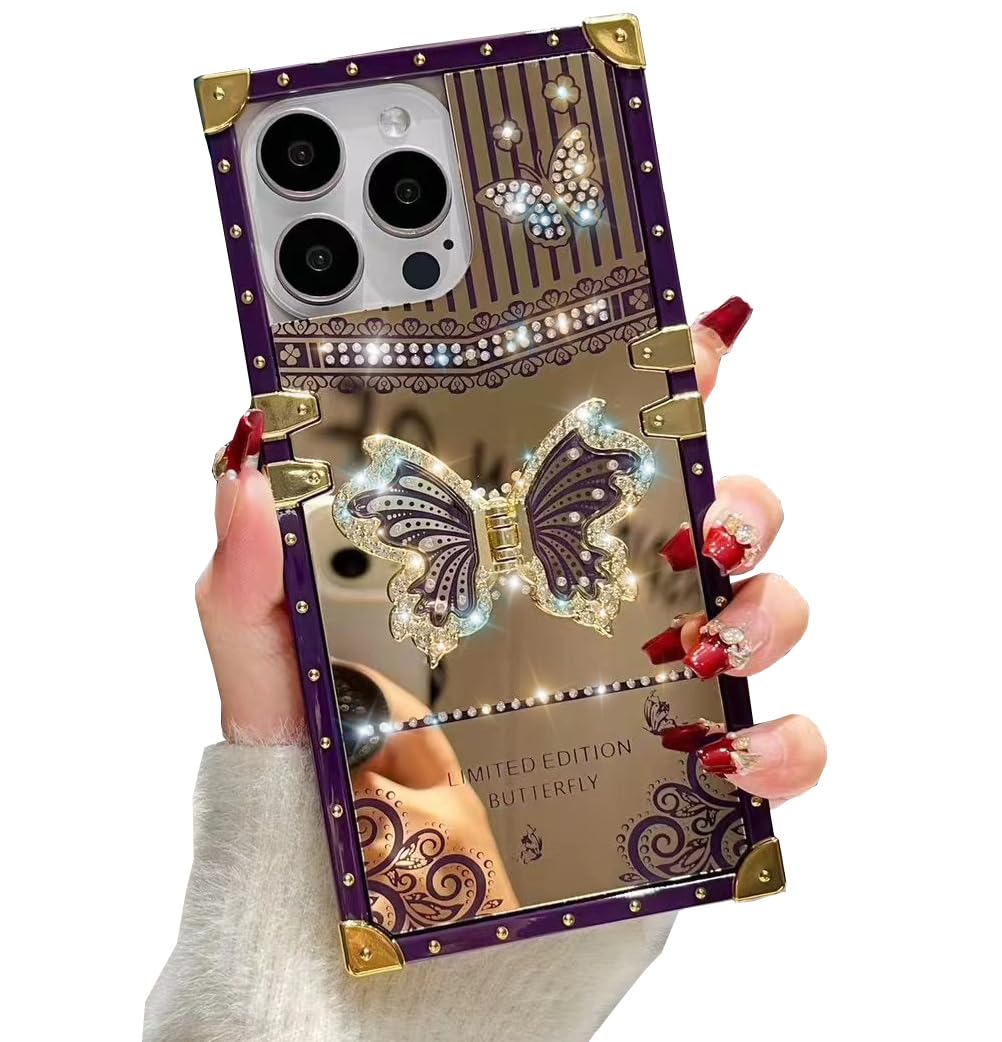 TETAW Cute Compatible with iPhone 14 Pro Max Case with Luxury Bling Glitter Butterfly Foldable Stand Kickstand,Glitter Soft PC Slip-Resistant Bumper