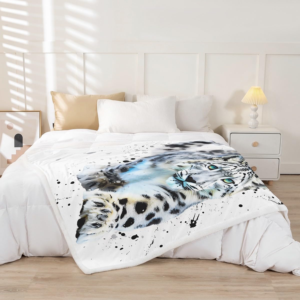 Feelyou Leopard Fleece Throw Blanket Watercolor Animal Print Sherpa Blanket for Boys Teens 3D Snow Leopard Pattern Plush Blanket Animal Theme Decor for Sofa Bed Couch Throw 50x60 Inch